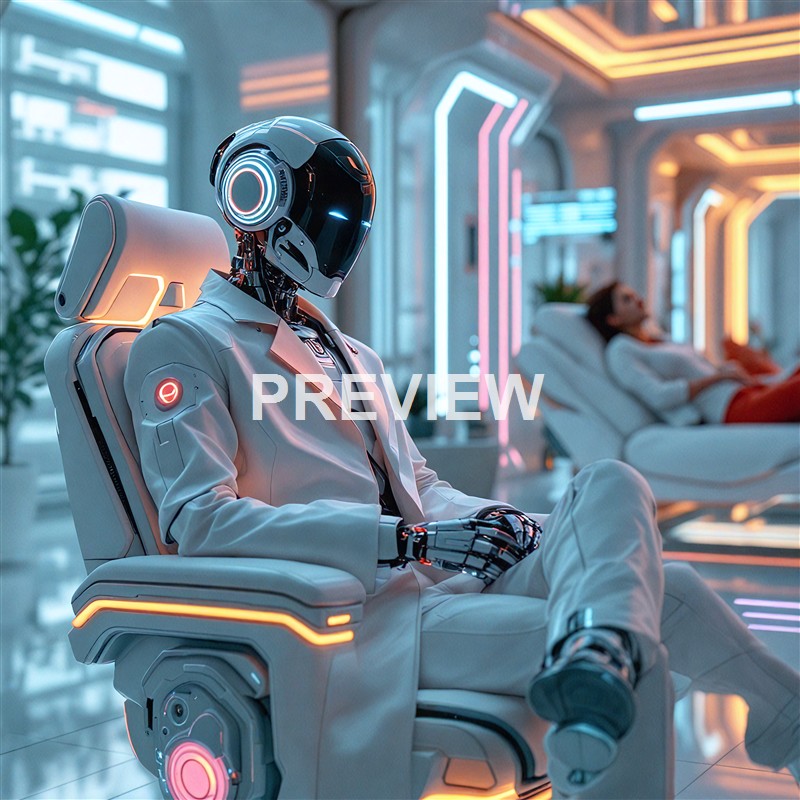 A humanoid robot with a sleek black and white design, sitting in a futuristic medical or research facility with a patient lying on a bed in the background, illuminated by vibrant neon lighting.